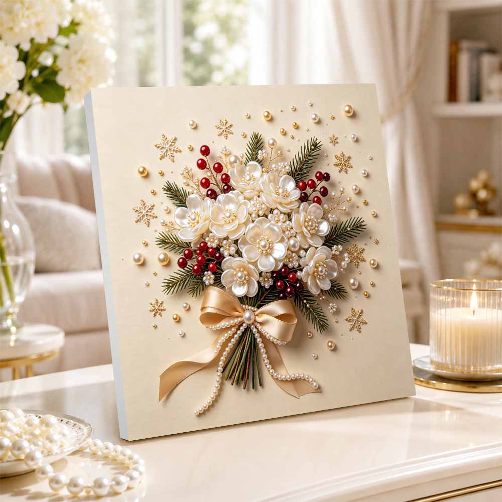 Pearl Flower Bouquet Christmas Art Kit DIY Home Decor Painting. Elegant Pearl Beads. Winter Floral Craft. Festive Holiday Ornament.