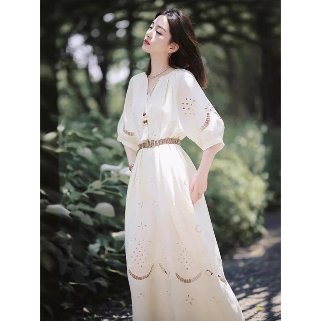 Boho Hollow Embroidery Midi Dress, Tassel V Neck 3/4 Sleeve Dress with Free Woven Belt, 75% Polyester S-XL
