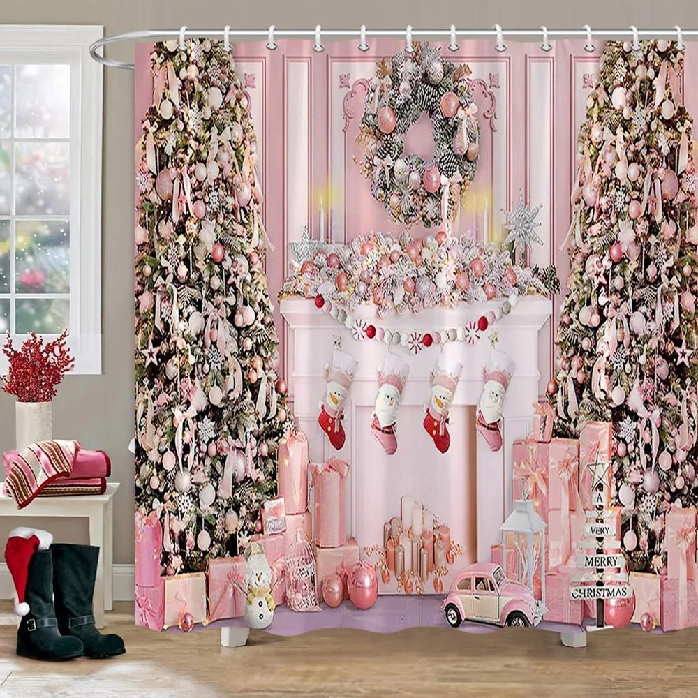 Christmas Backdrop Shower Curtain Holiday Gifts Fireplace Christmas Tree Garland Fabric Bath Curtains Bathroom Decor With Hooks