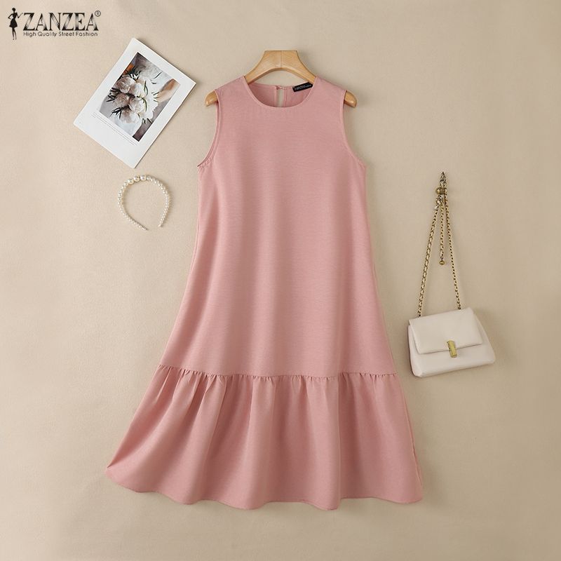 ZANZEA Women Casual Round Neck Solid Color Loose Sleeveless Dress