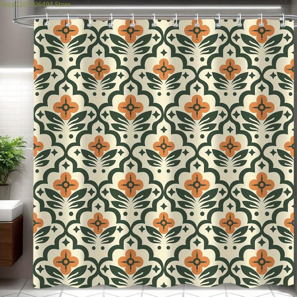 1pz Tenda da Doccia Floreale Boho Vintage - Design Astratto Moderno di Metà Secolo, Tessuto in Poliestere Resistente con Occhielli Superiori e Ganci