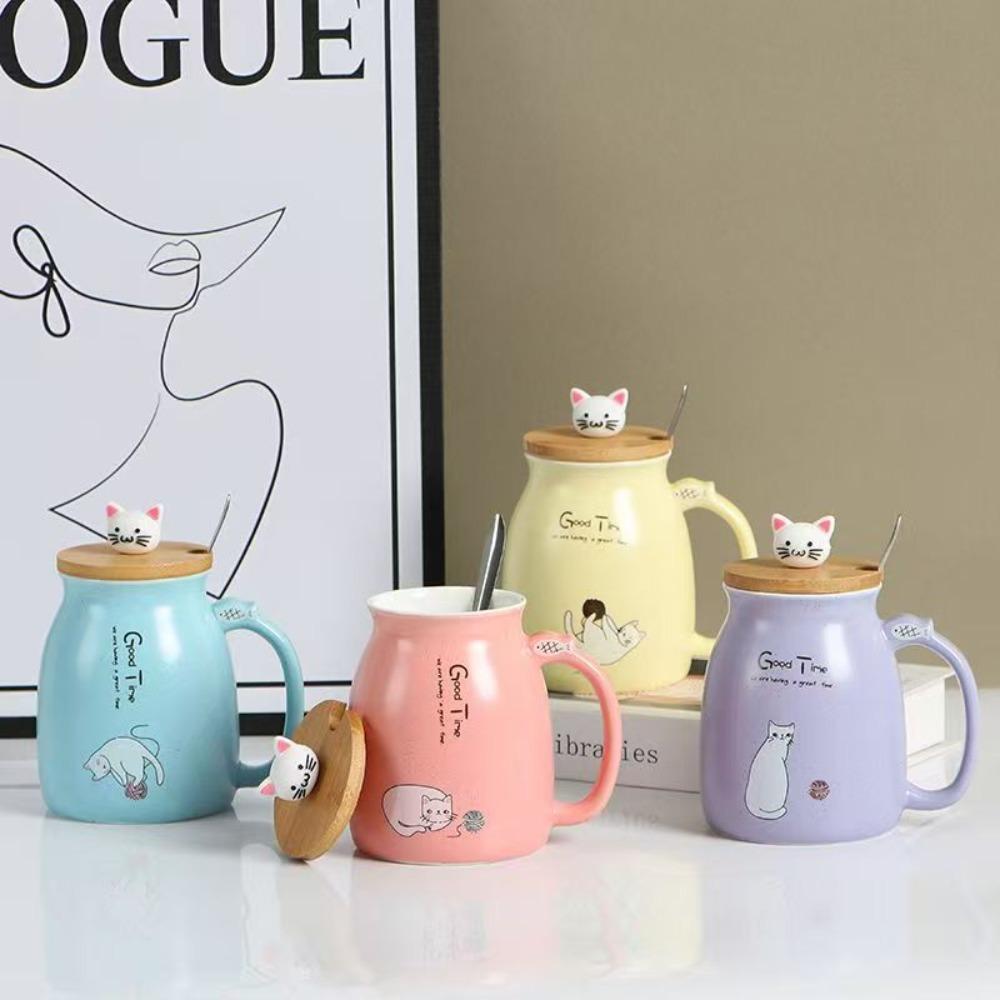 460ml Cartoon Ceramics Cat Mug with Lid and Spoon Handle Cute Cat Mug Coffee Milk Tea Mugs Breakfast Cup Drinkware Novelty Gifts