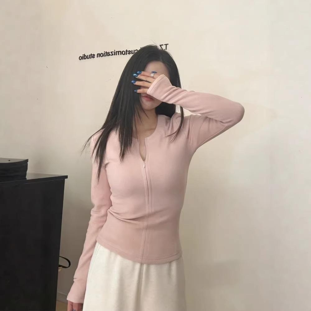 

Spicy Girl Slimming Half-Zip Long-Sleeve T-shirt for Women - Autumn/Winter L [High Quality] розовый