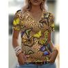 vintage women leopard print t shirt stripe short sleeve v neck tops comfortable t-shirts