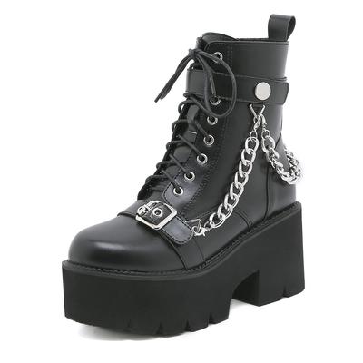 Mode Damen Punk Motorradstiefel mit dicker Sohle Größe 36-43 Metallgürtelschnalle Schwammschuhe Schnürung vorne Dicke Ferse Kurze Stiefel