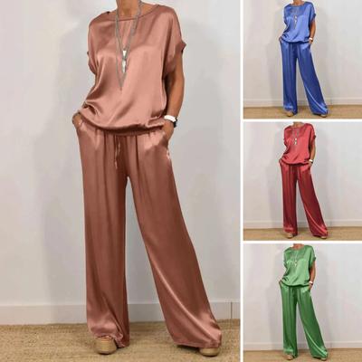 1 Set Women T-shirt Pants Suit Casual Summer Solid Color O-neck Short Sleeve Top Wide Leg Trousers Two Piece Outfits Lounge Set