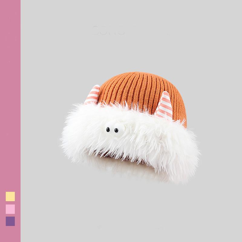 Cute and funny plush knitted hat children keep warm in winter new little monster horn ear protector hat shows small face