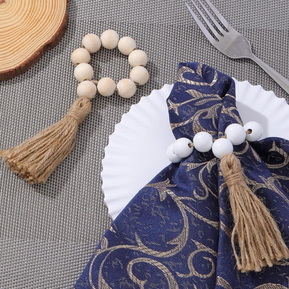 6 Pieces Farmhouse Style Wooden Bead Napkin Rings Adjustable with Tassel Napkin Buckle Handmade Napkin Holder Holiday Banquet