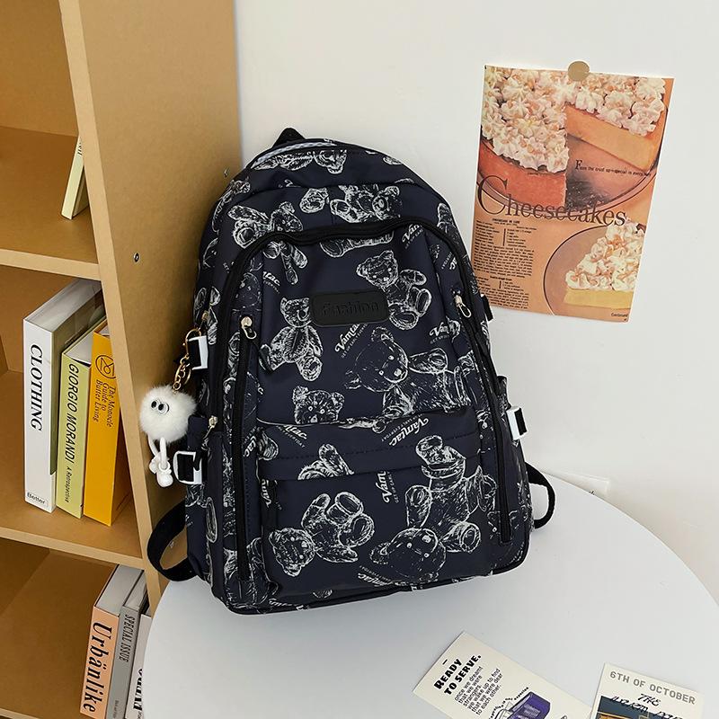 Large-capacity schoolbag women's high-value lazy wind dirt-resistant university campus class bag ins bear nylon backpack