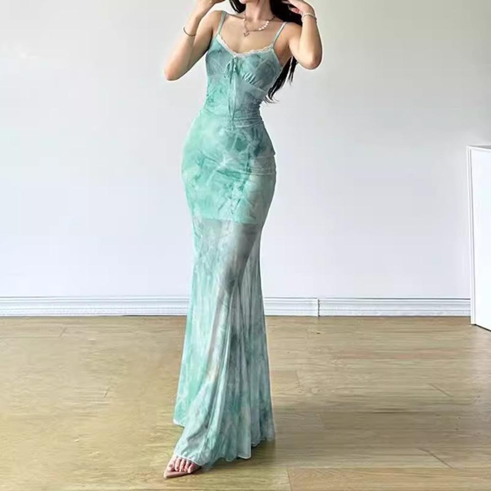 Female Summer Girl Wind Vacation Style Print Suspender Dress Hip Skirt Waist Fishtail Skirt Long Skirt