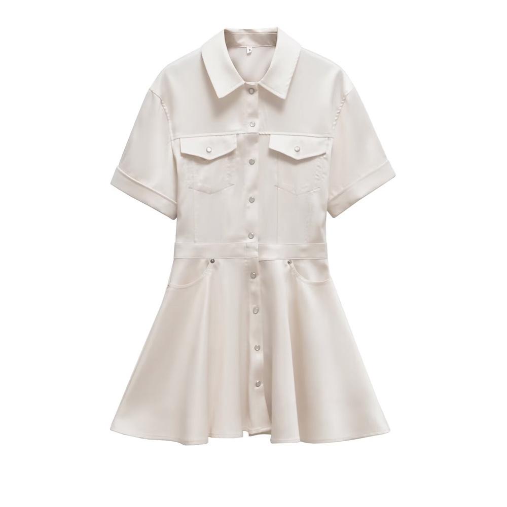 

Женская мода весна 2025: Приталенное платье-рубашка с короткими рукавами и широким подолом Medium слоновая кость