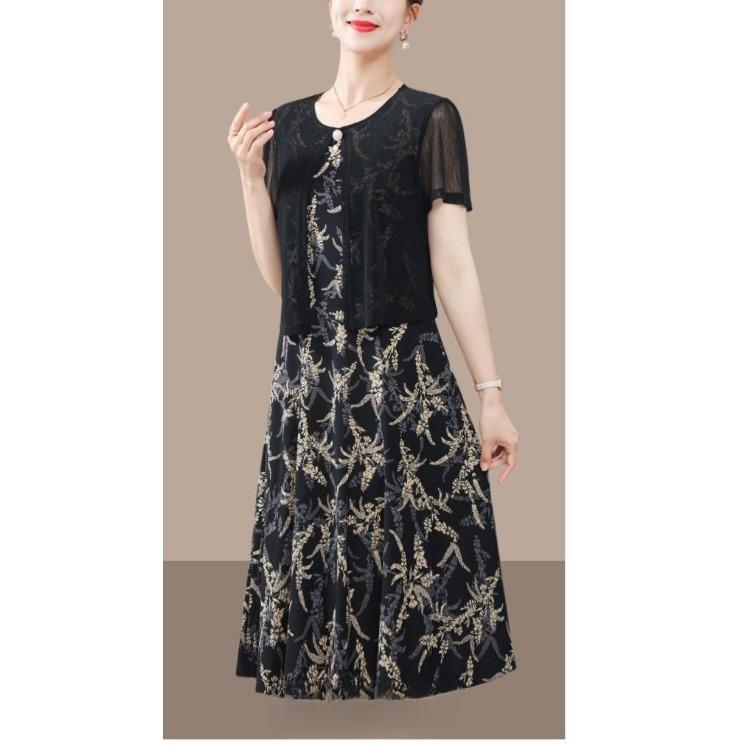 Chic Summer Fake Two Piece Dress for Moms Elegant Slimming and Youthful Mid Age Women Fashion Clothing