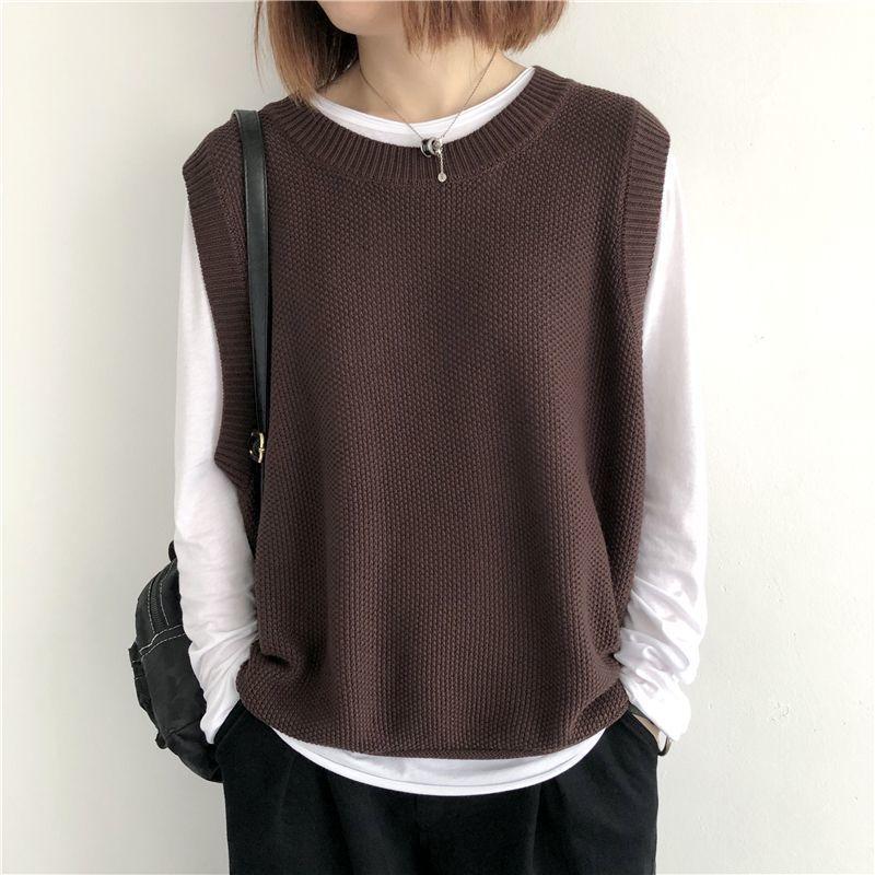 Women's Plus-Size Loose Knitted Vest Outer-Wear for Autumn and Winter Retro Versatile Crew Neck Pullover Sweater Gilet Cardigan