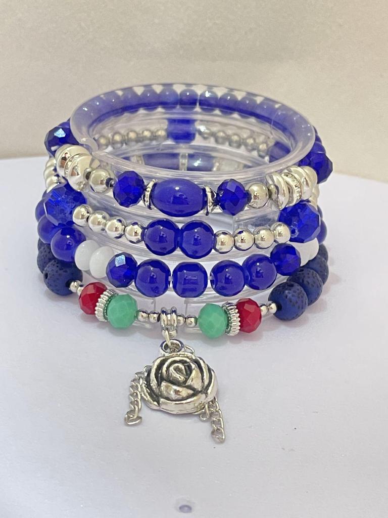 Bohemian Ethnic Layered Beaded Bracelet with Rose Flower Pendant