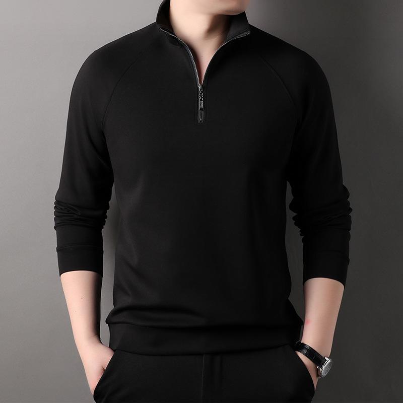 Men's Half-Zip Long-Sleeve Stand Collar T-Shirt, New Arrival for Spring/Autumn, Solid Color, Stylish Base Layer for Middle-Aged & Young Men