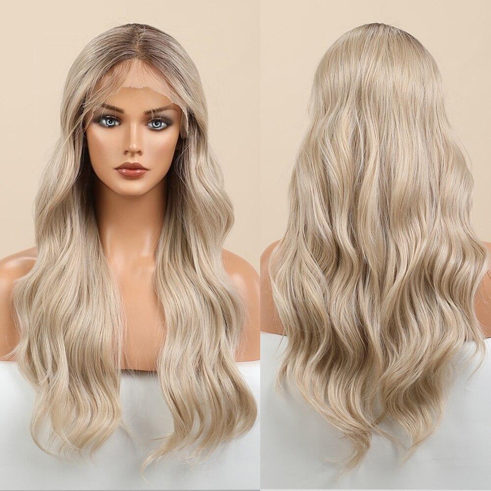 BLONDE UNICORN Krajková část Syntetická Dlouhá vlnitá paruka Hnědé kořenové Ombre Blond vlasy Paruky pro černé bílé ženy Denní vlasy