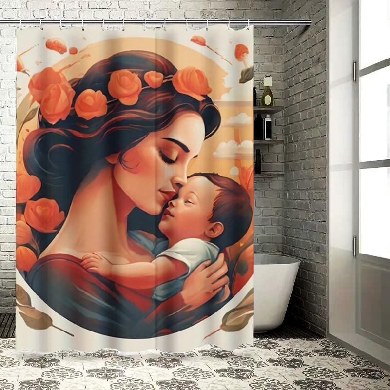 Mother and Child with Orange Flowers Waterproof Shower Curtain for Bathroom Decor, High-Quality Material and Easy to Clean