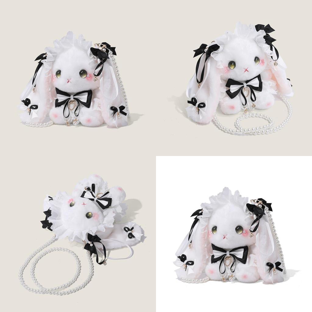 Macaron Lolita Plush Rabbit Crossbody Bag With Pearl Bow For Casual Travel