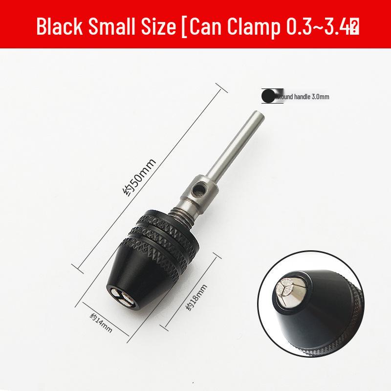Quick-Change Mini Electric Drill with Three-Jaw Chuck, Hex Extension Rod, and Twist Drill Bit Adapter.