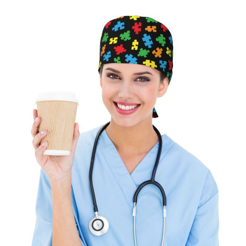 Autism Awareness Colorful Puzzle Pieces Working Cap Women Scrub Cap with Sweatband Adjustable Tie Back Hat Nurse Surgical Caps