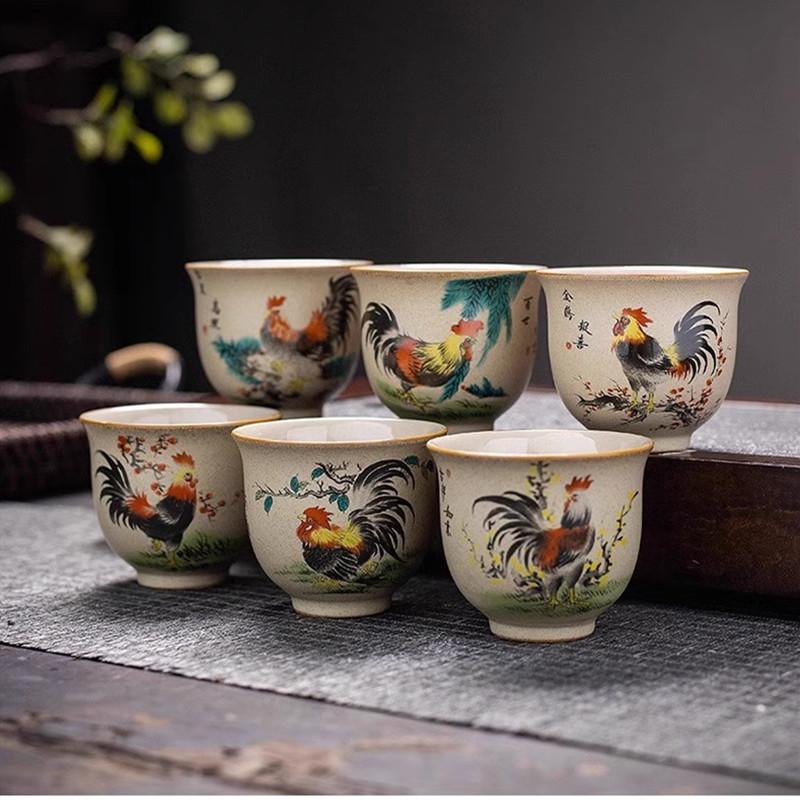 1 Pc Chinese Handmade Cock Ceramic Teacup Vintage Pottery Tea Cup Portable Tea Bowl Pu'er Master Cup Travel Tea Set Accessories