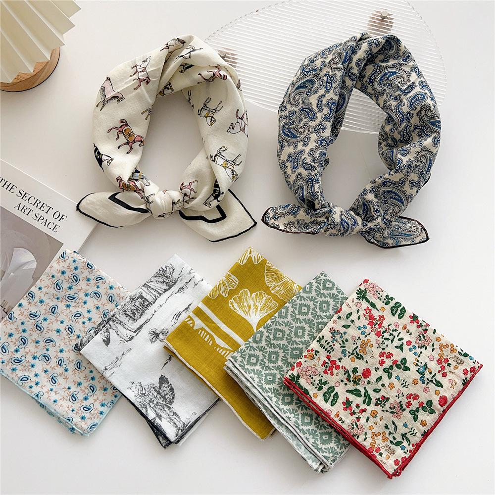 Cotton And Linen Small Square Scarf Silk Scarf Women'S Spring And Autumn New Style Artistic And Versatile Fashionable Temperament Headband Scarf