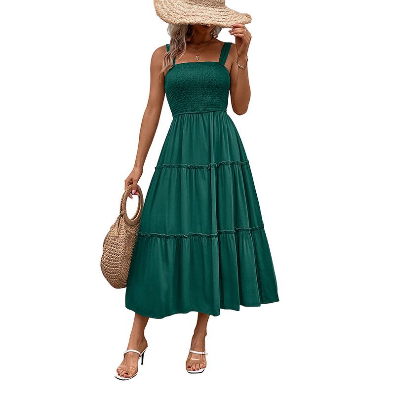 Europe and the United States Popular Holiday Versatile Casual Simple Medium and Long Dress Solid Color Suspender Elastic Waist Ruffle Edge Dress