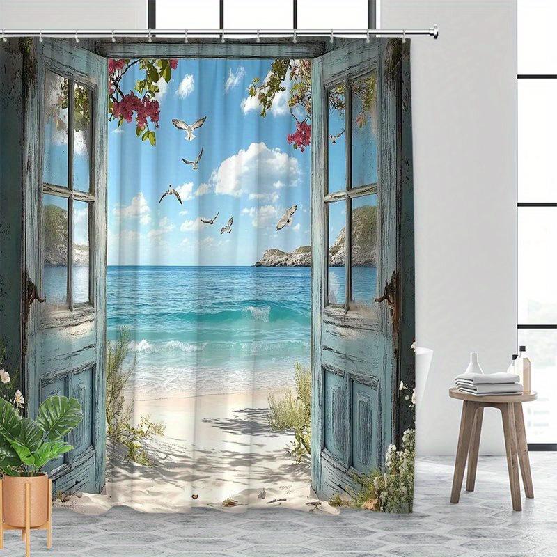 Coastal Beach Shower Curtain Turquoise Waves Seagulls Pink Flowers Polyester Machine Washable with 12 Hooks for Bathroom Decor