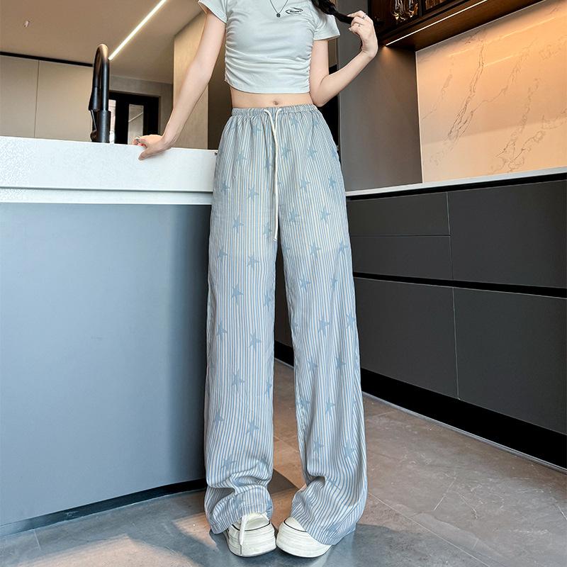 

Женские широкие брюки Star Ice Silk с вертикальными полосками, новый стиль, узкие драпированные брюки прямого покроя, свободные повседневные брюки XL