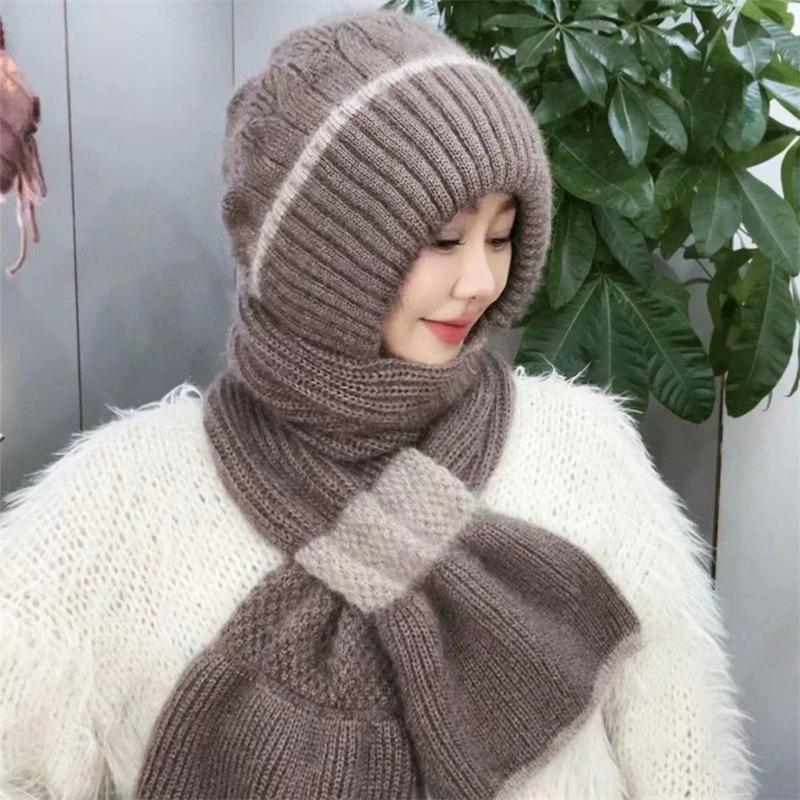 Scarf One-piece Hat Women's Winter Velvet Anti-wind and Cold Scarf One-piece Knitted Wool Hat Outdoor Middle-aged Hat