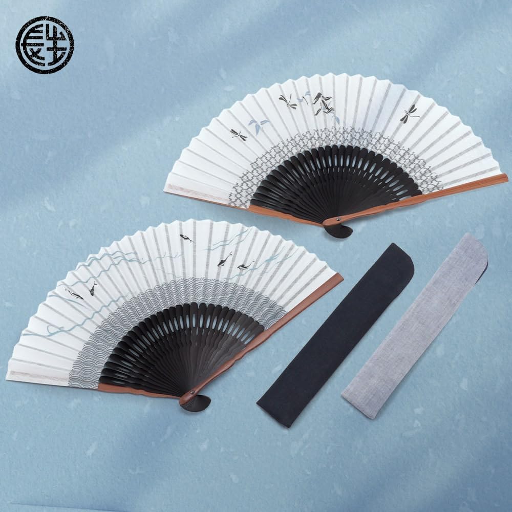Folding Fan for Fan Fan Set with Cool Breeze Dragonfly [Osaka Choseido] Men, Stylish, Business, Bag, Holder, Handkerchief, Komon, (dragonfly White)