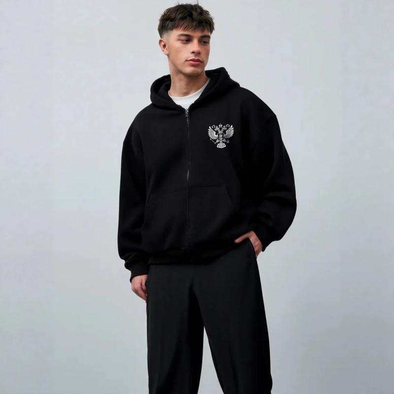 Unisex Oversized Hooded Zip-Up Sweatshirt With Cartoon Print Loose Fit Cotton Long Sleeve Streetwear