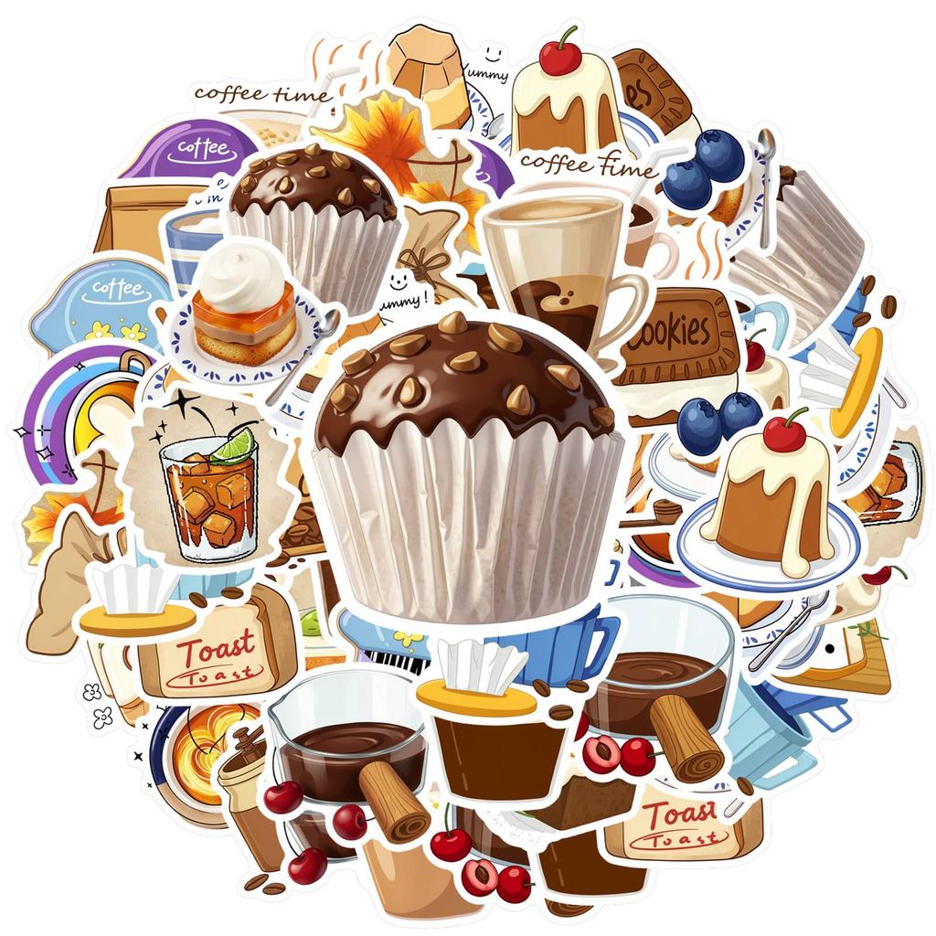 35pcs-50pcs Cute Dessert Stickers Whimsical Kitchen Coffee Stickers Stationery Stickers For Guitar Laptop Helmet Skateboard DIY