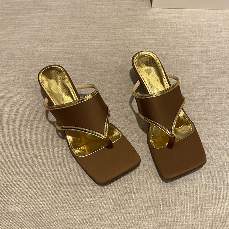 

Fashion Fashion Square Toe Heeled Flip Flops Women Luxury Thong Slipper Sandals Ladies Brand Design Elegant Summer Party Shoes 40 хаки