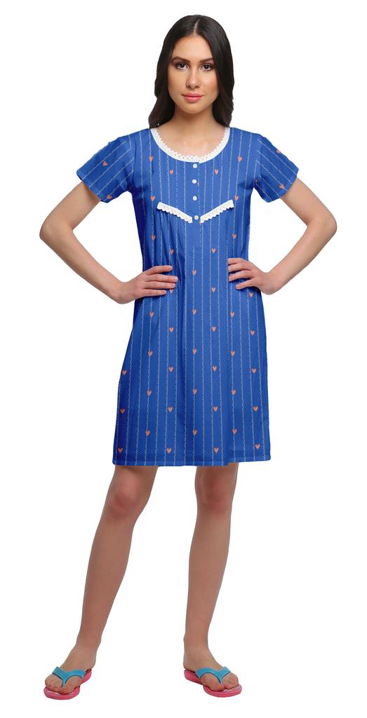 Moomaya Cotton Lace Neckline Sleepwear For Women Button Placket Nightdress