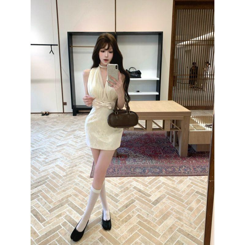 Kumikumi High Sense Bow Halter Top One piece Dress Women clothing Summer Temperament Slimming Sheath Skirt Short dress