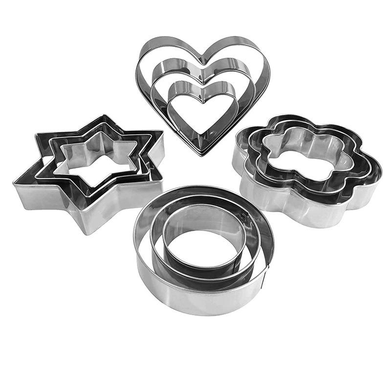 12-teiliges geometrisches Ausstechformen-Set mit runden und herzförmigen Motiven – Backutensilien aus Edelstahl