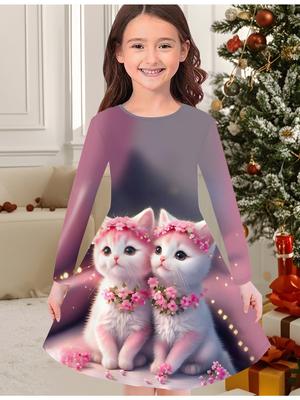 Girls' Autumn and Winter Fashion Dress, 3D Cat Print  Round Neck Long Children's T-shirt Dress, Casual Versatile, Christmas Clothing