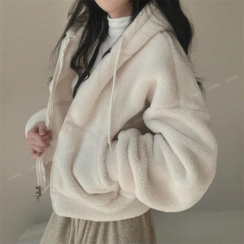Lamb Coat Autumn Winter Plus Velvet New Sweatshirt Loose Cardigan Top Zipper Short