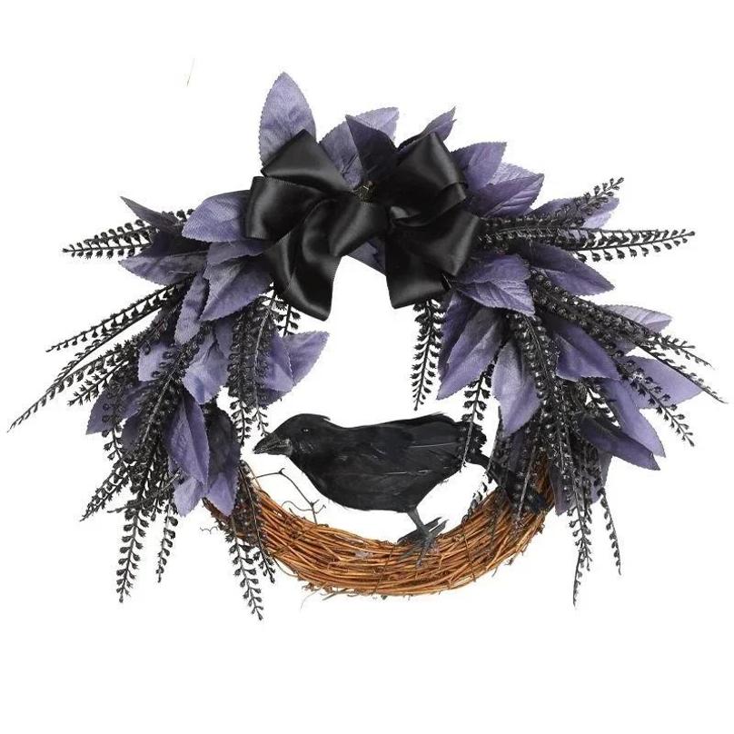 1 Pcs Halloween Bow Crow Garland Door Hanging Artificial Rattan Wreath Horror Party Decoration Pendant Gift