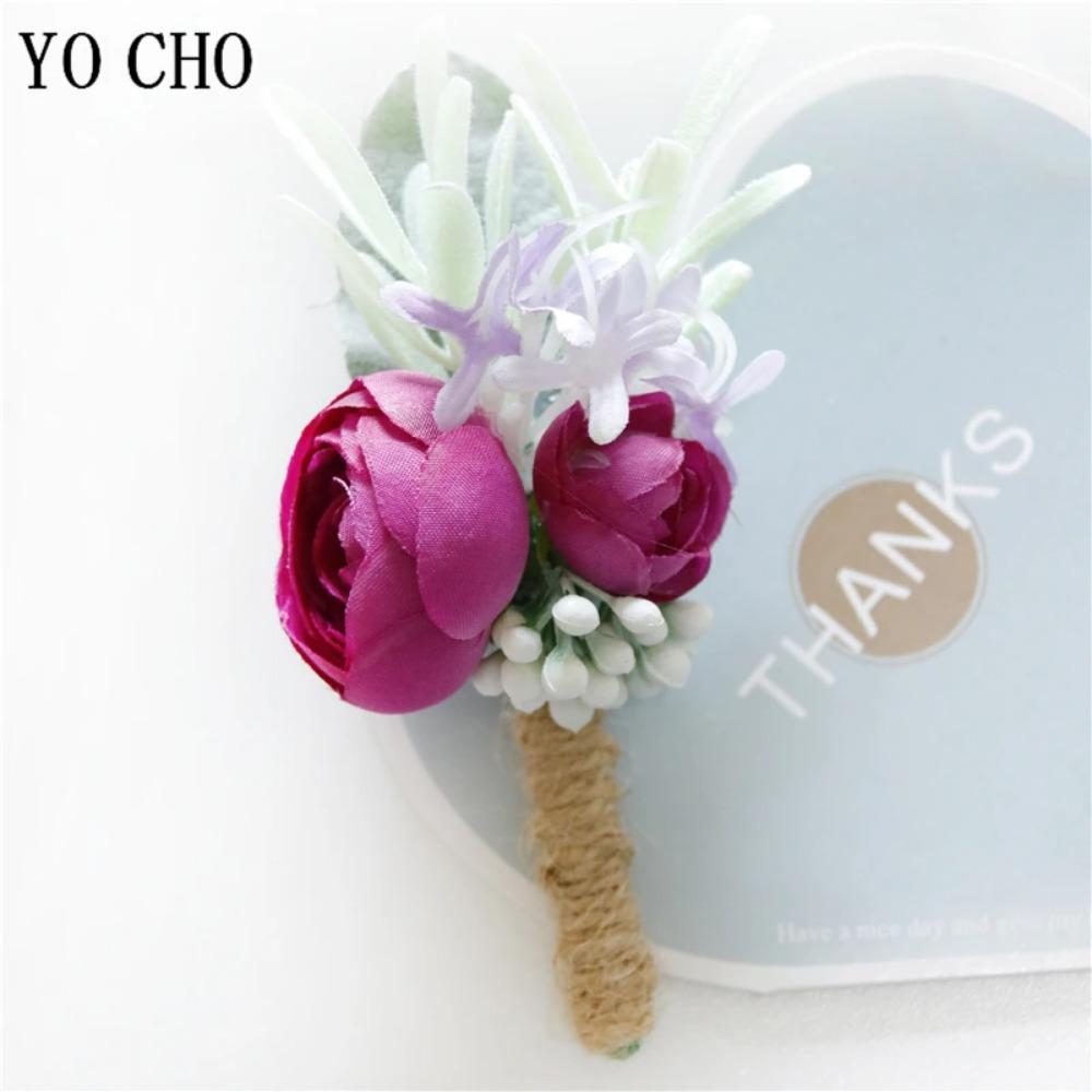 YO CHO Wedding Corsages Flower Groom Boutonniere Purple Silk Rose Man Brooches Wedding Bridesmaids Bracelet Wrist Corsage Flower