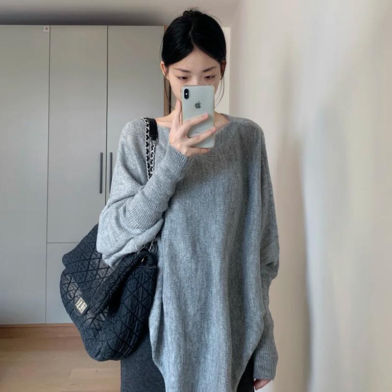 2026 A/W Loose Gray Irregular Knit Sweater Skirt Set