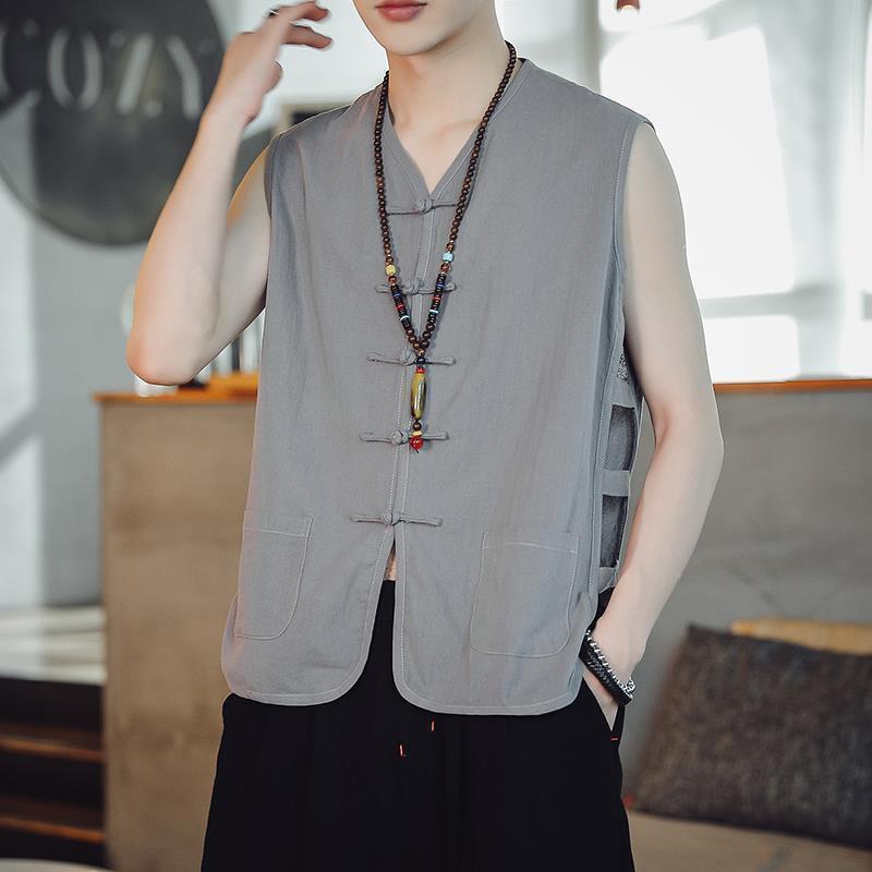 Men's Retro Linen-Cotton Sleeveless Waistcoat - Chinese Style Buttoned Vest
