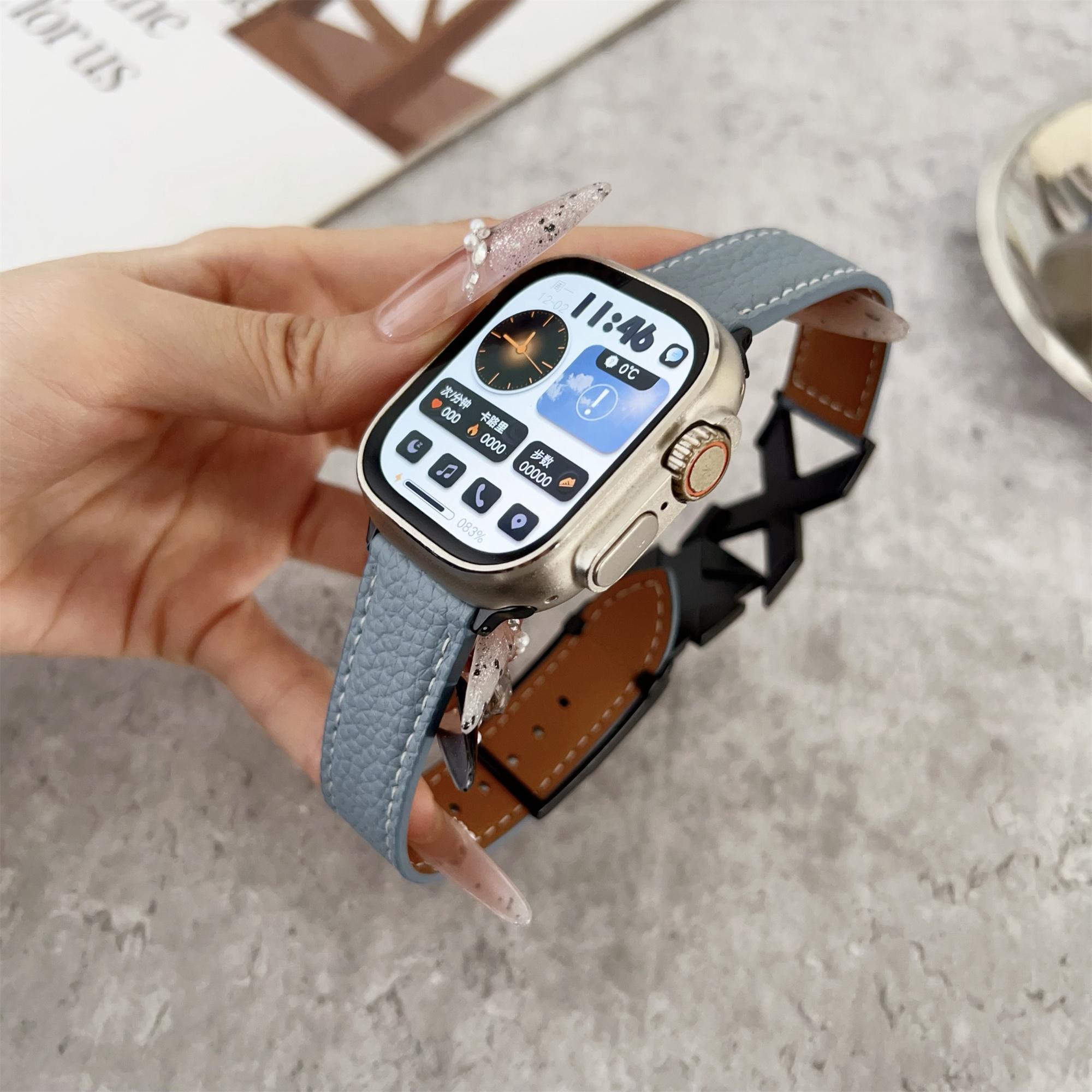 

Watch Band For Apple Watch Series 10 Ultra 9 8 7 SE 6 5 4 3 2 1 46mm 49mm 45mm 44mm 42mm Magnetic X-Buckle Litchi Texture Leather Strap Pink
