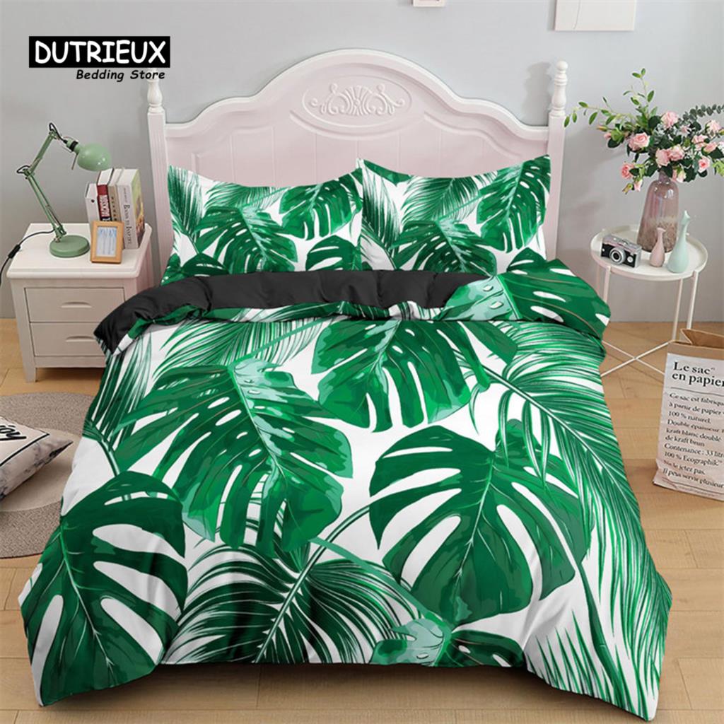 Green Palm Leaf Bedding Set Hawaiian Tropical Leaves Duvet Cover Microfiber Monstera Banana Leaves Quilt Cover For Teen Adults