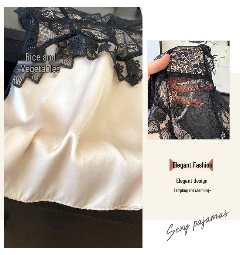 Women's Summer Ice Silk Lace Camisole and Shorts Set with Chest Pads