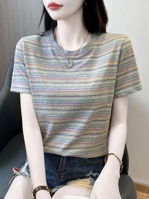 Women's 2026 Striped Cotton Short-Sleeve T-Shirt - Loose Fit, Slimming, Round Neck, High-End.