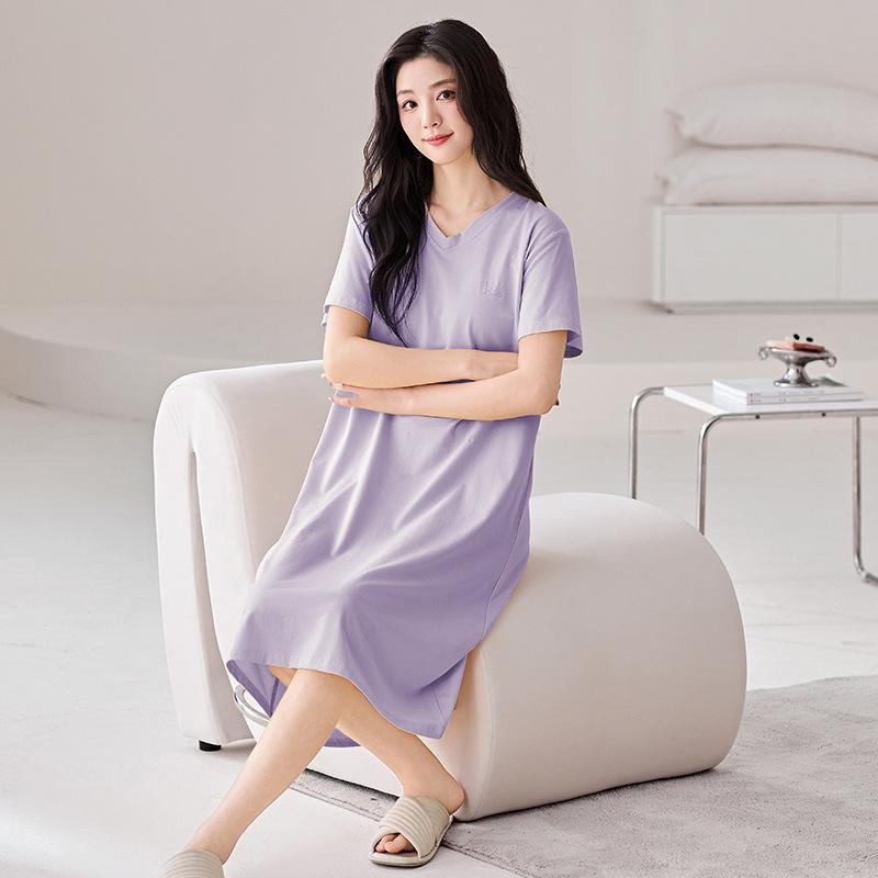 nightgown with chest pad women's summer pure cotton short-sleeved medium and long dress simple solid color summer can wear loungewear