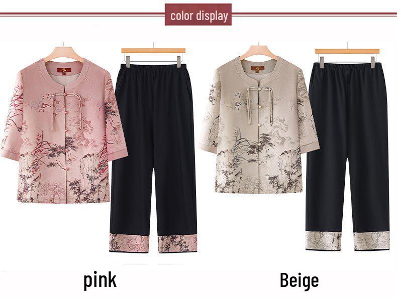 Elegant Chinese Summer Outfit: Short-Sleeved Top & Two-Piece Set for Middle-Aged and Elderly Women