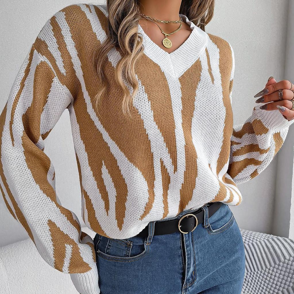Herbst Winter Vintage Locker Langarm Oberteil Druck Farbe Strickjacke Strickware V-Ausschnitt Pullover